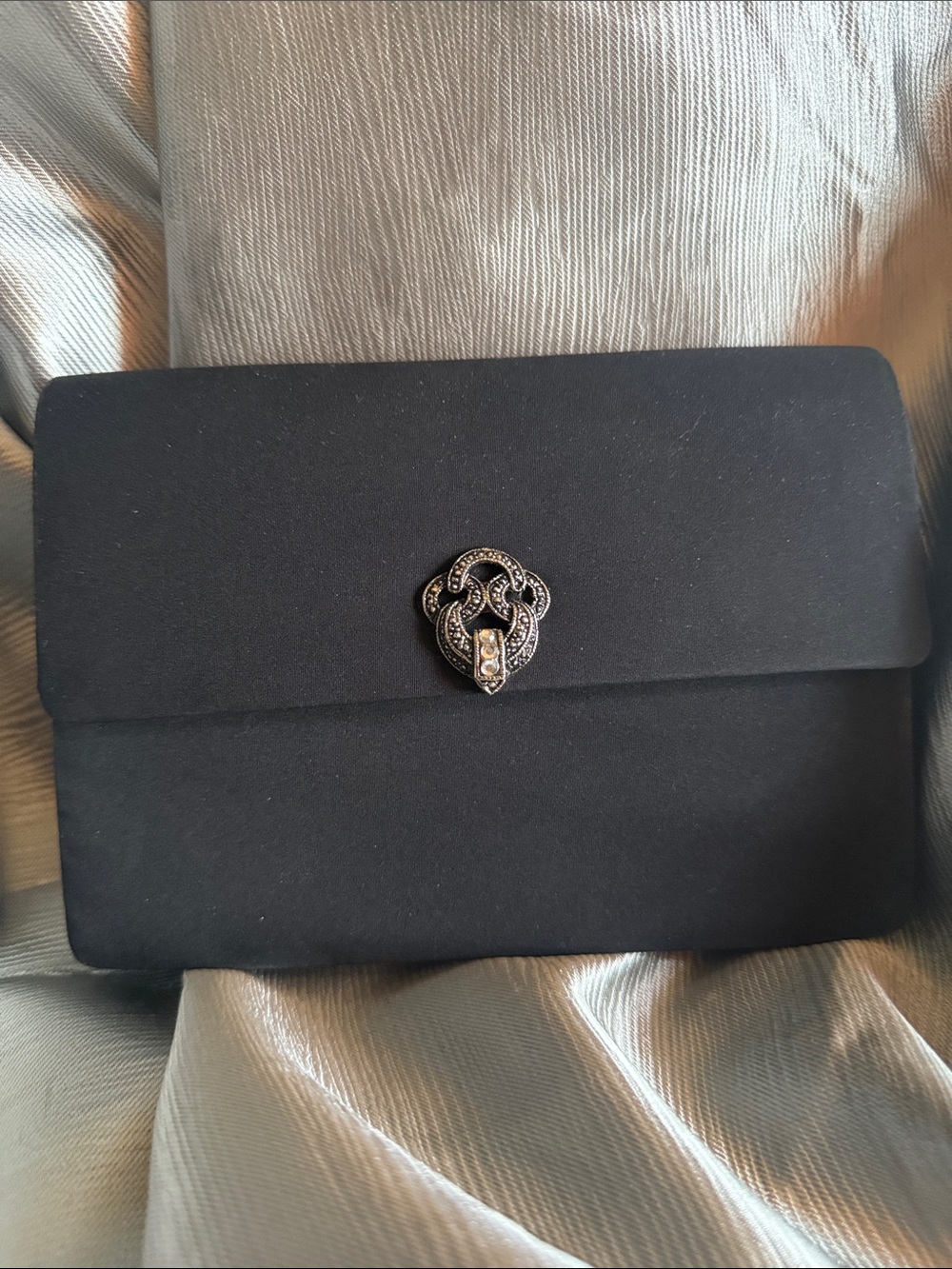 Black Satin Clutch with Decorative Rhinestone Accent